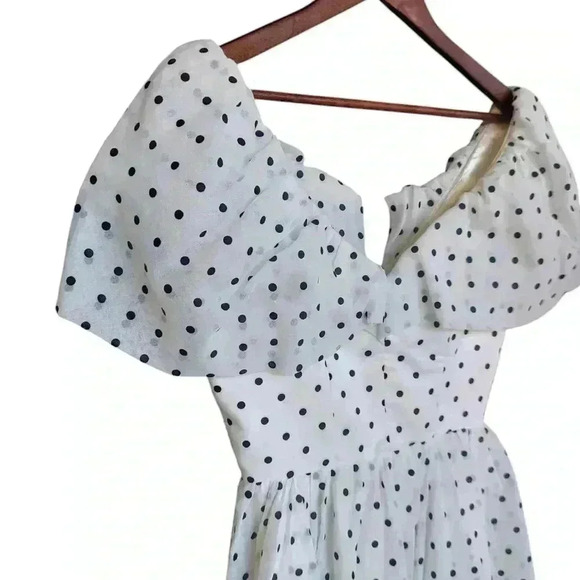 Vintage Opening Night Black and White Polka Dot Off Shoulder Midi USA - Picture 2 of 6